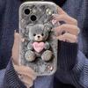 For iPhone 17 16 15 14 13 12 11 Pro Max XS X XR 15 16 Plus 16E 17Air Cute Cartoon Grizzly Bear Pink Heart Printed Silicone Cover