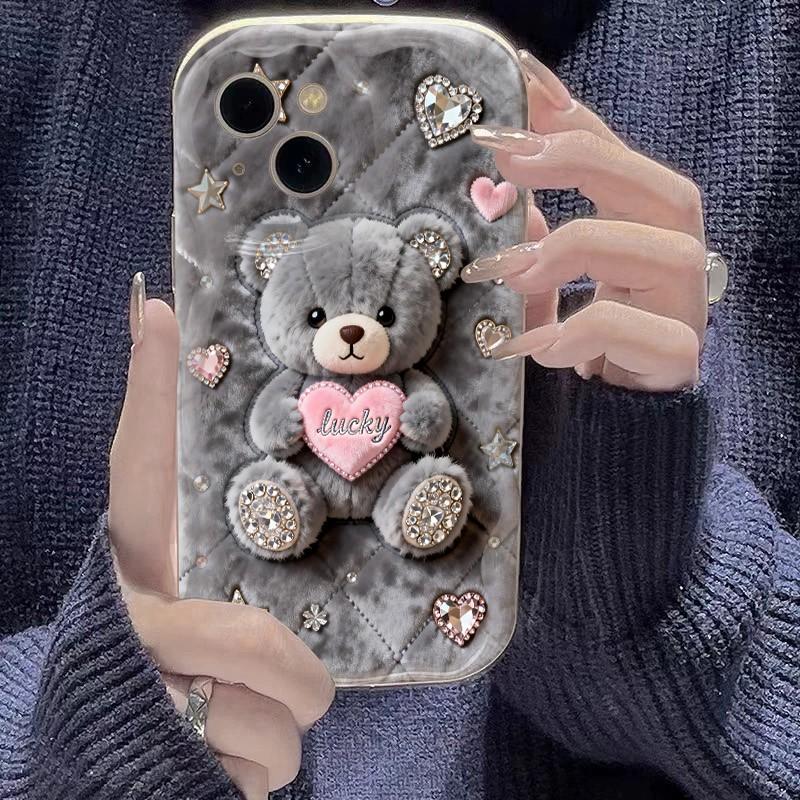 For iPhone 17 16 15 14 13 12 11 Pro Max XS X XR 15 16 Plus 16E 17Air Cute Cartoon Grizzly Bear Pink Heart Printed Silicone Cover