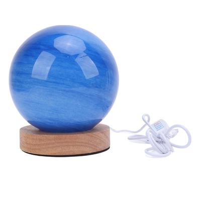 Bedside Nightstand Lamp with Wood Base Blue Glass Shade Ball Small Table Lamp 3 Color Temperature