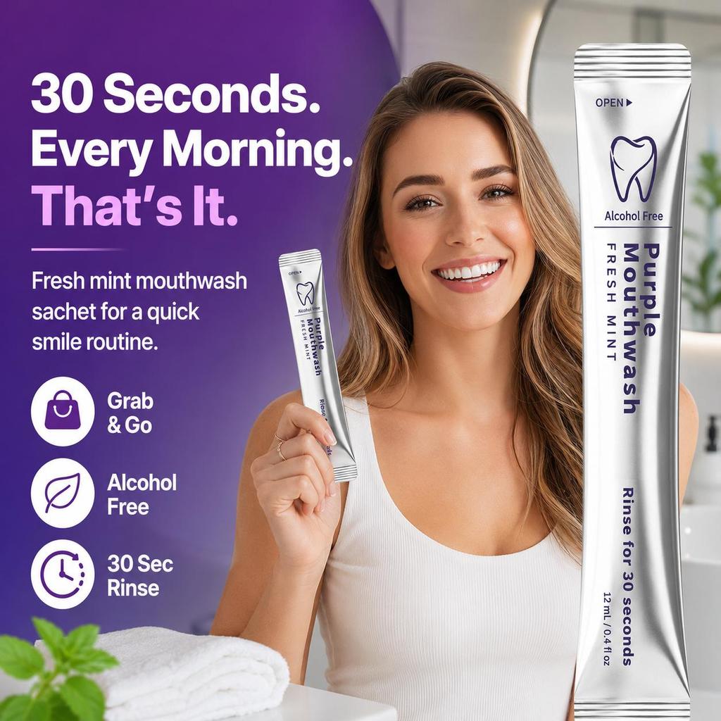 Purple Mouthwash Single-Use Sachets, Fresh Mint, Alcohol-Free