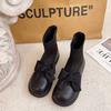 Elastic French Socks Boots Women's Bow Short Boots Small Leather Shoes Spring and Autumn Black Martin Boots Women's Splicing New Models