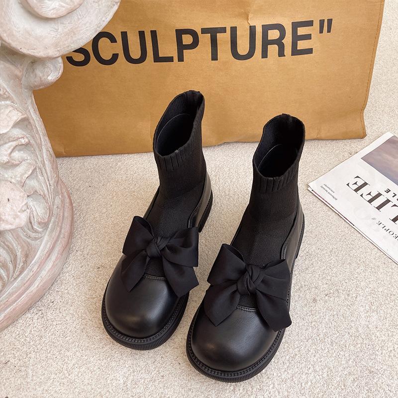 Elastic French Socks Boots Women's Bow Short Boots Small Leather Shoes Spring and Autumn Black Martin Boots Women's Splicing New Models