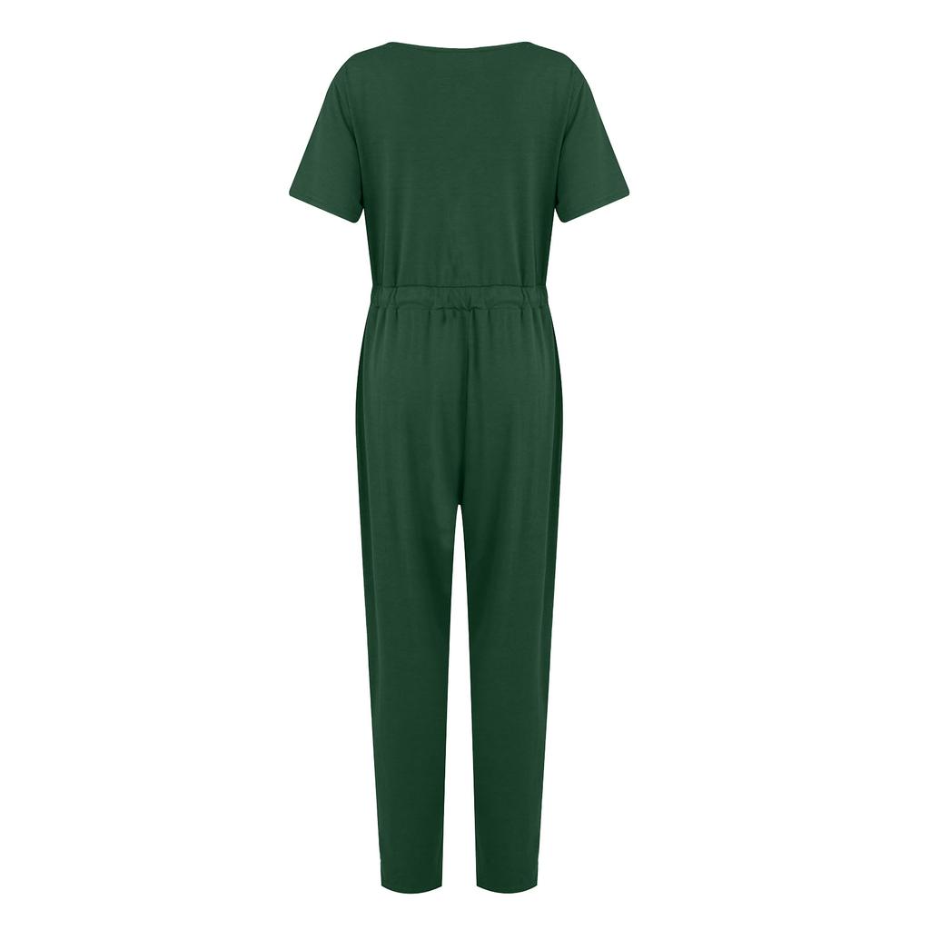 Women’s Sexy Deep V-Neck Short Sleeve Wrap Drawstring Waist Jumpsuit Romper With Pockets