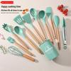 12-Piece Non-Stick Silicone Kitchenware Set: Food-Grade Wooden Handle, Includes Spatulas & Spoons, with Storage Bucket
