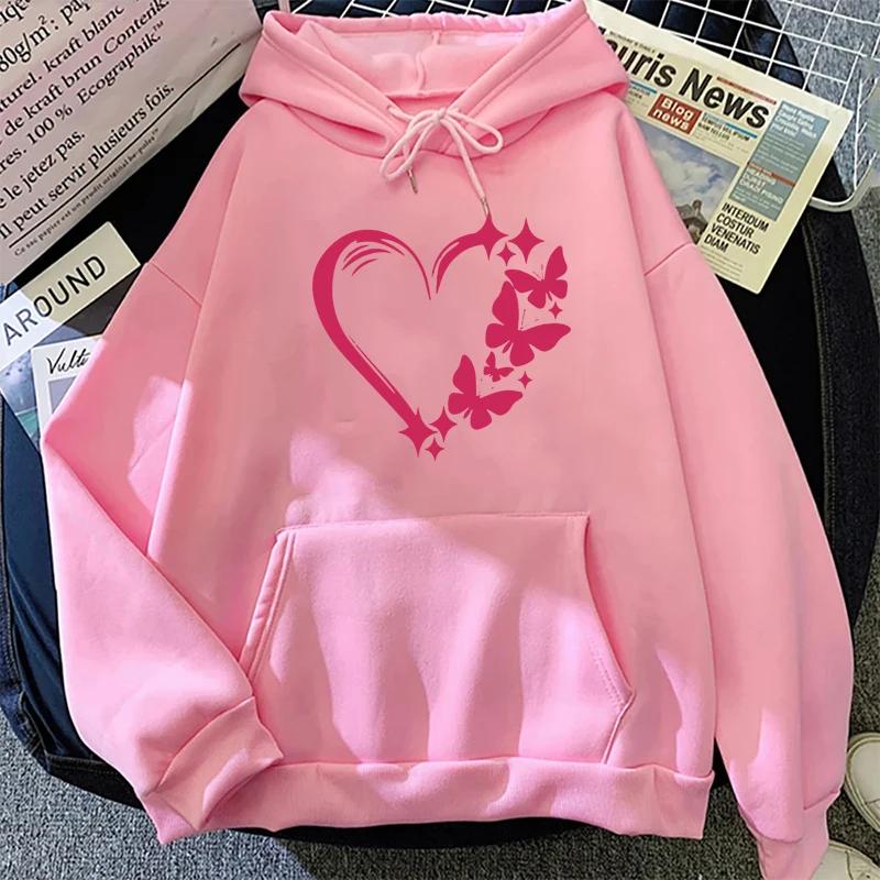 Love and Butterfly Pattern Hoodie Autumn Winter Women Casual Fashion Hip Hop Street Hoodies Simple Fleece O-Neck Sweatshirts