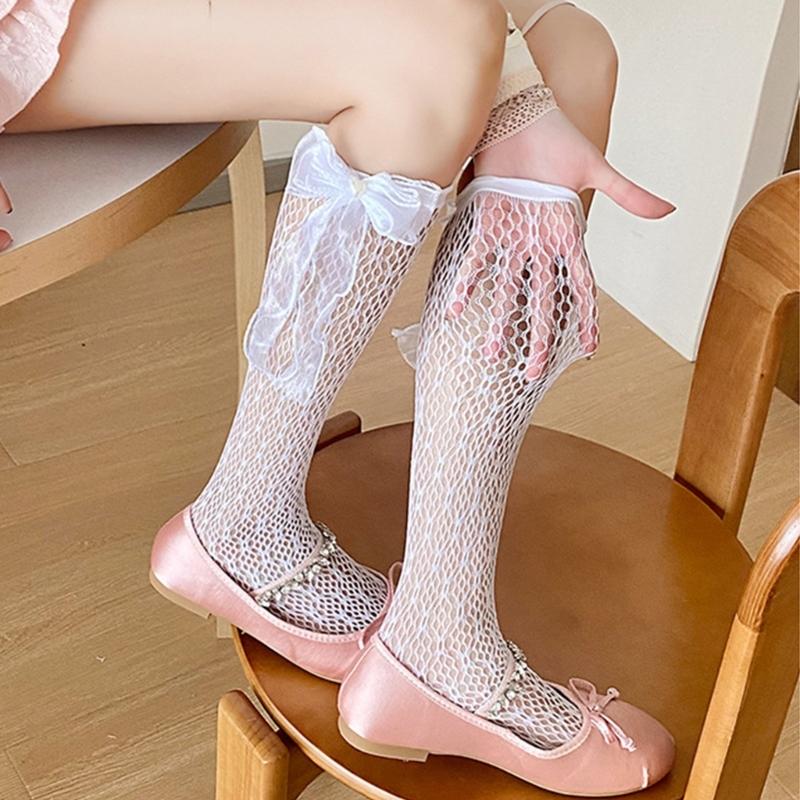 Japanese Style Fishnet Patterned Long Tube Socks for Women Girls Cute Pearl Bowknot Hollowed Out Mesh Over Calf Socks