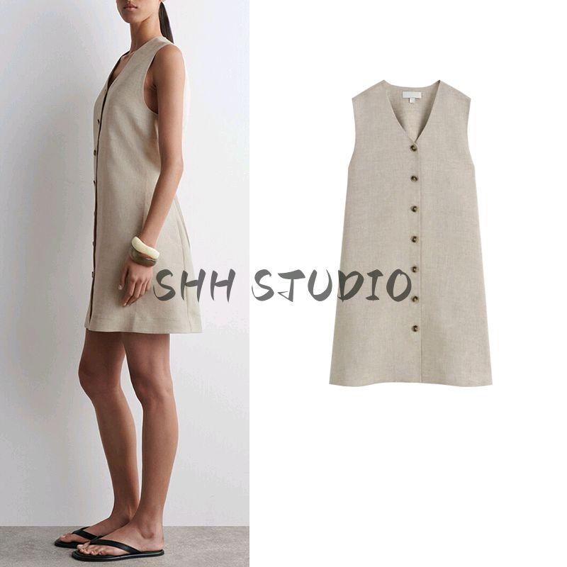 CS Summer New Product Women's Clothes Single Row Multi-Buckle V Neck Sleeveless Standard Linen Blend Dress 1283658