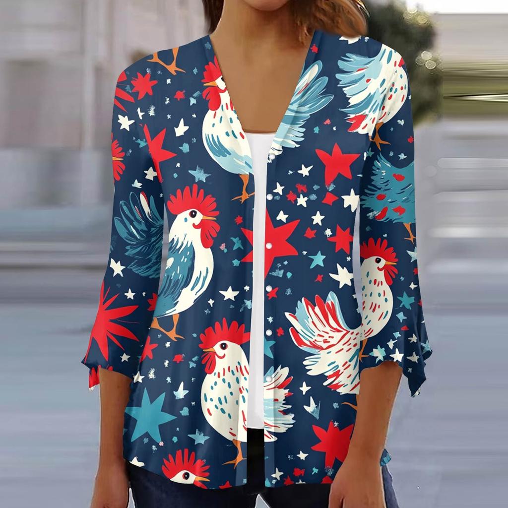 Women's Loose Casual Independence Day Printed Seven Sleeve Button Down Shirt Cardigan Top