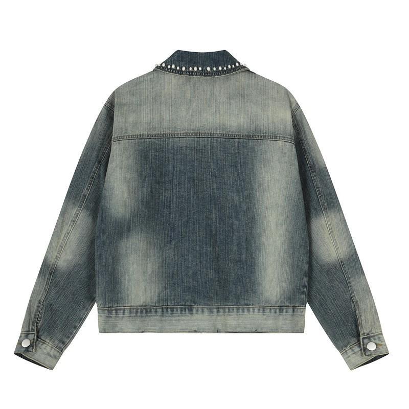 Vintage Washed Denim Jacket With Embellished Beading Loose Fit Unisex Streetwear Short Coat Fall