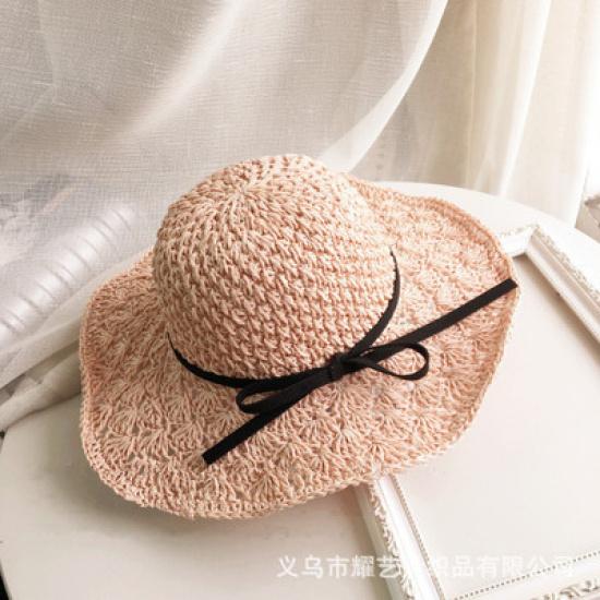 Korean-style Large-brimmed Handmade Woven Straw Hat for Women, Summer Vacation Sun Protection Hat with Bow, Beach Sun Hat, Foldable