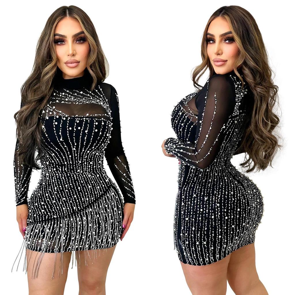 European & American Fashion Women's Long Sleeve Mesh Dress with Beaded Short Skirt