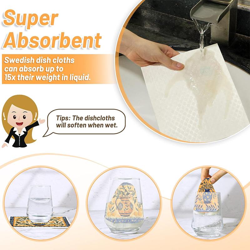 6PCS Vase Printed Eco-Friendly Swedish Dishcloths Dish Rags Absorbent Dish Towels Kitchen Reusable Washable Cleaning Wipe Cloths