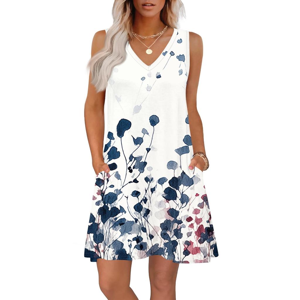 Women's Summer Dresses Loose Fit Printed V Neck Sleeveless Sundresses Beach Hawaiian Dress With Pockets