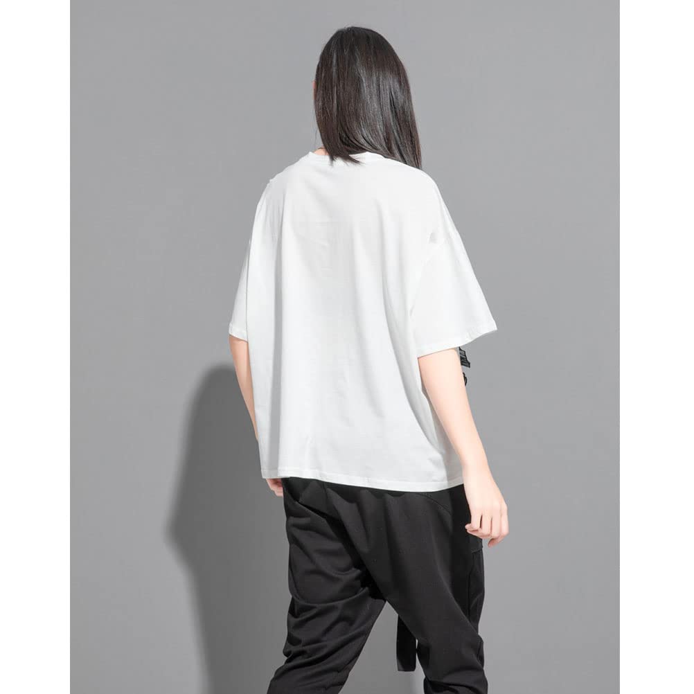 3D Floral Short Asymmetrical Floral Loose One Size Fits White with Black X-CHEN T-Shirt, Women's, Sleeve, Design, Fit, Stylish, Stylish, Spring/Summer