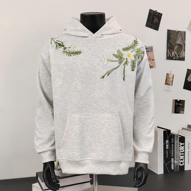 Men's Fleece-Lined Floral Embroidered Hoodie, Autumn/Winter 2026, Loose Fit Pullover, Couple's Style.