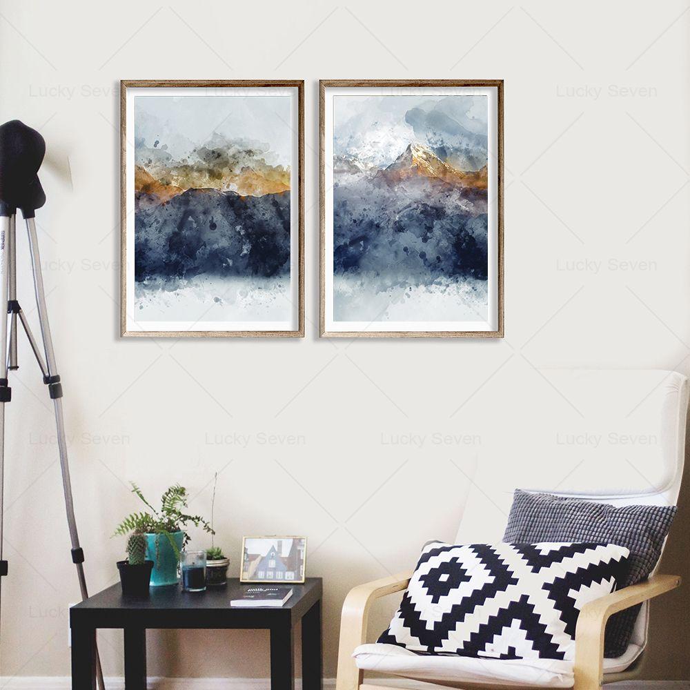 Navy Blue Golden Mountains Abstract Wall Art Canvas Painting Modern Nature Watercolor Artwork Prints Posters Living Room Decor