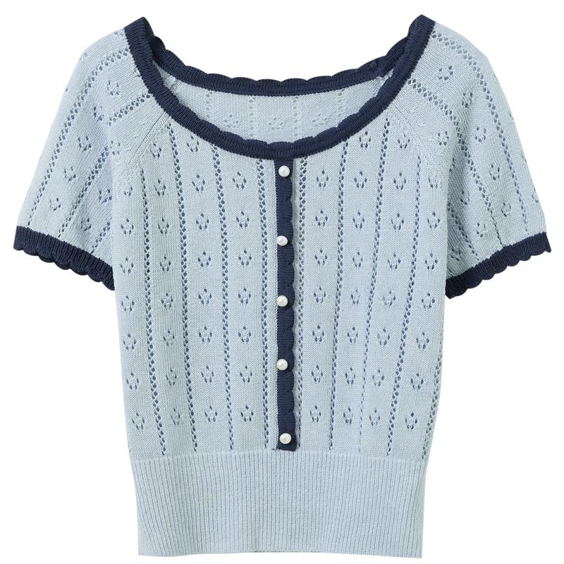 

Sancai 2026 Spring Contrast Hollow Knit Pullover L