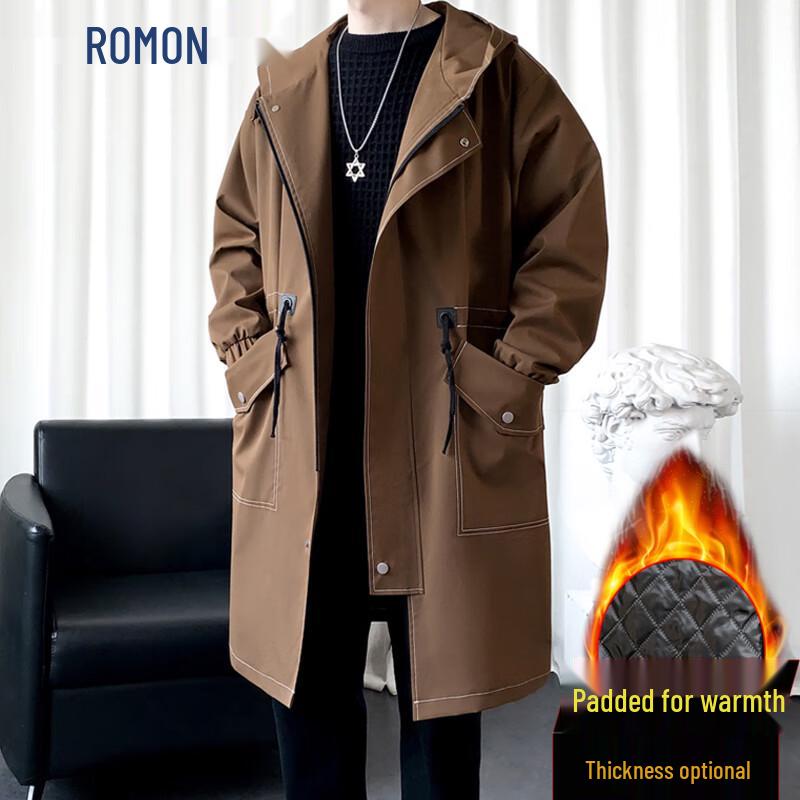 ROMON Men's Mid-Length Hooded Trench Coat
