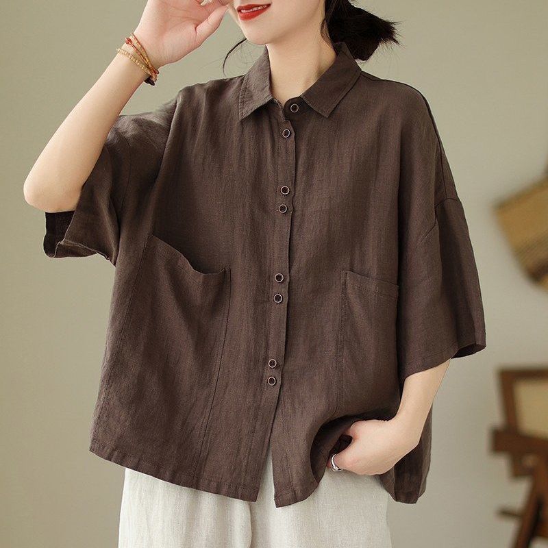 

Ретро Летняя Женская Хлопково-Пеньковая Рубашка-Поло Однотонная На Пуговицах Карманы Мода Повседневная Однобортная С Коротким Рукавом Свободная Рубашка Топы XXXL коричневый