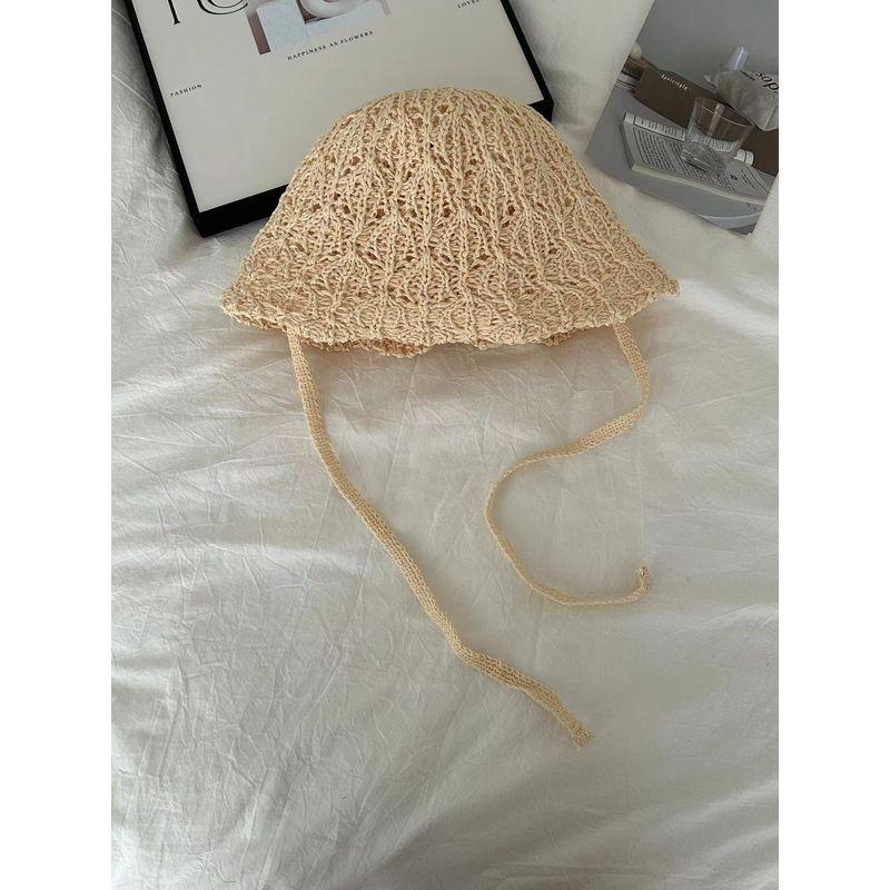Fisherman Hat Women 2025 Spring Summer New Knitted Hollow Bucket Hat Breathable Sun Protection Lace-up Straw Hat Make Your Face Look Smaller