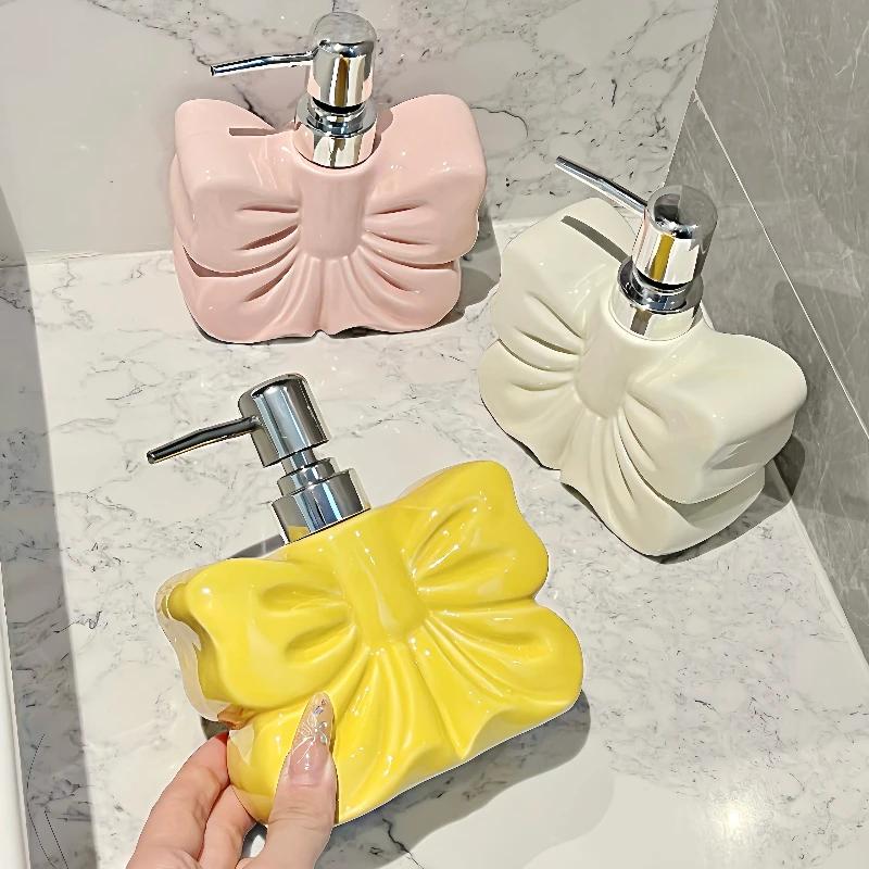 1pc, Ceramics Bowknot Lotion Press Bottle, Household Bathroom Shower Gel Bottle, Plastic Pump Head, Bathroom Liquid Dispenser