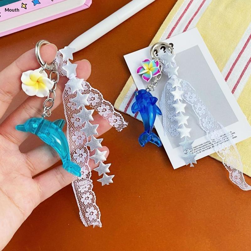 Retro Dolphin Flower Lace Bag Charm Cute Y2K Style Portable Decor for Girls Summer Island Trip Bag Accessories