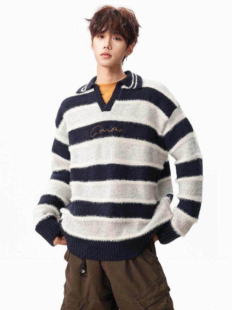 Unisex Retro-gestreifter Pullover mit Kragen - Lässige Winterstrickware