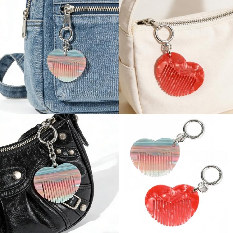 Chic Heart Style Pocket Comb Attached To Key Ring Sturdy Acetate Bag Hanging Ornament For Long Lasting Performances