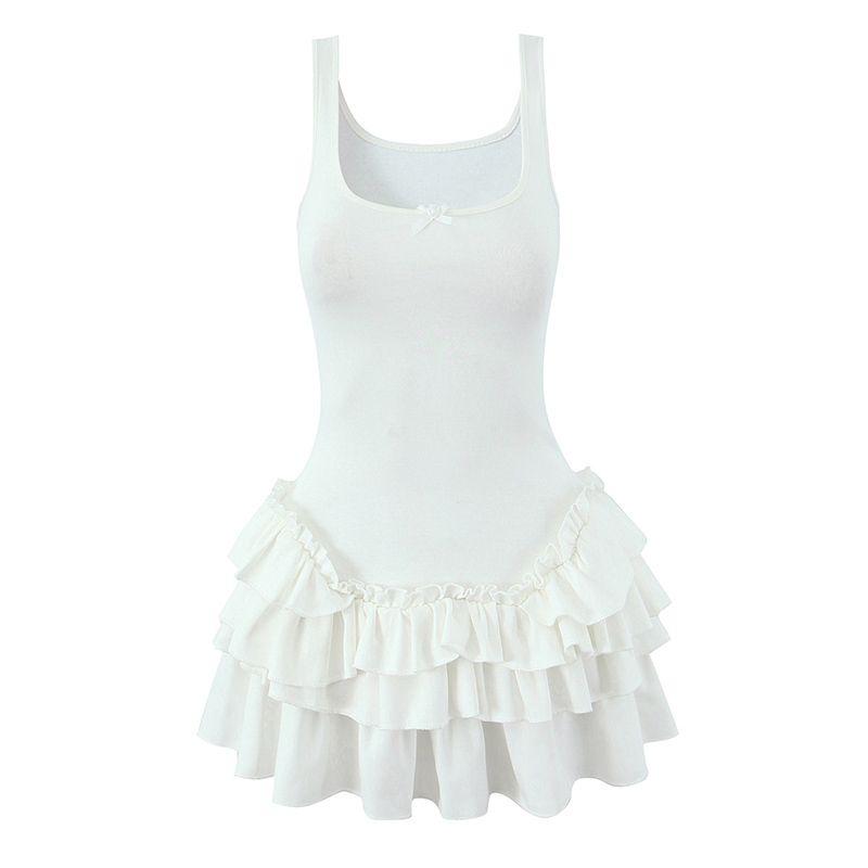 

Ballet Style Beautiful Slim White Dress French style Sweet Design Layer-by-Layer Cake Skirt Slim fit Vest Dress White Vest Cake Skirt S