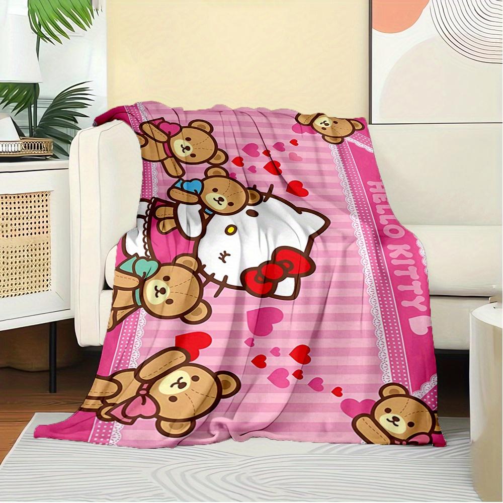 For Kitty, Teddy Bears, HeartsAnime-Themed Flannel Blanket, Glam Style, Digital Print, All-Season Comfort, Tear-Resistant, Knitted Craftsman