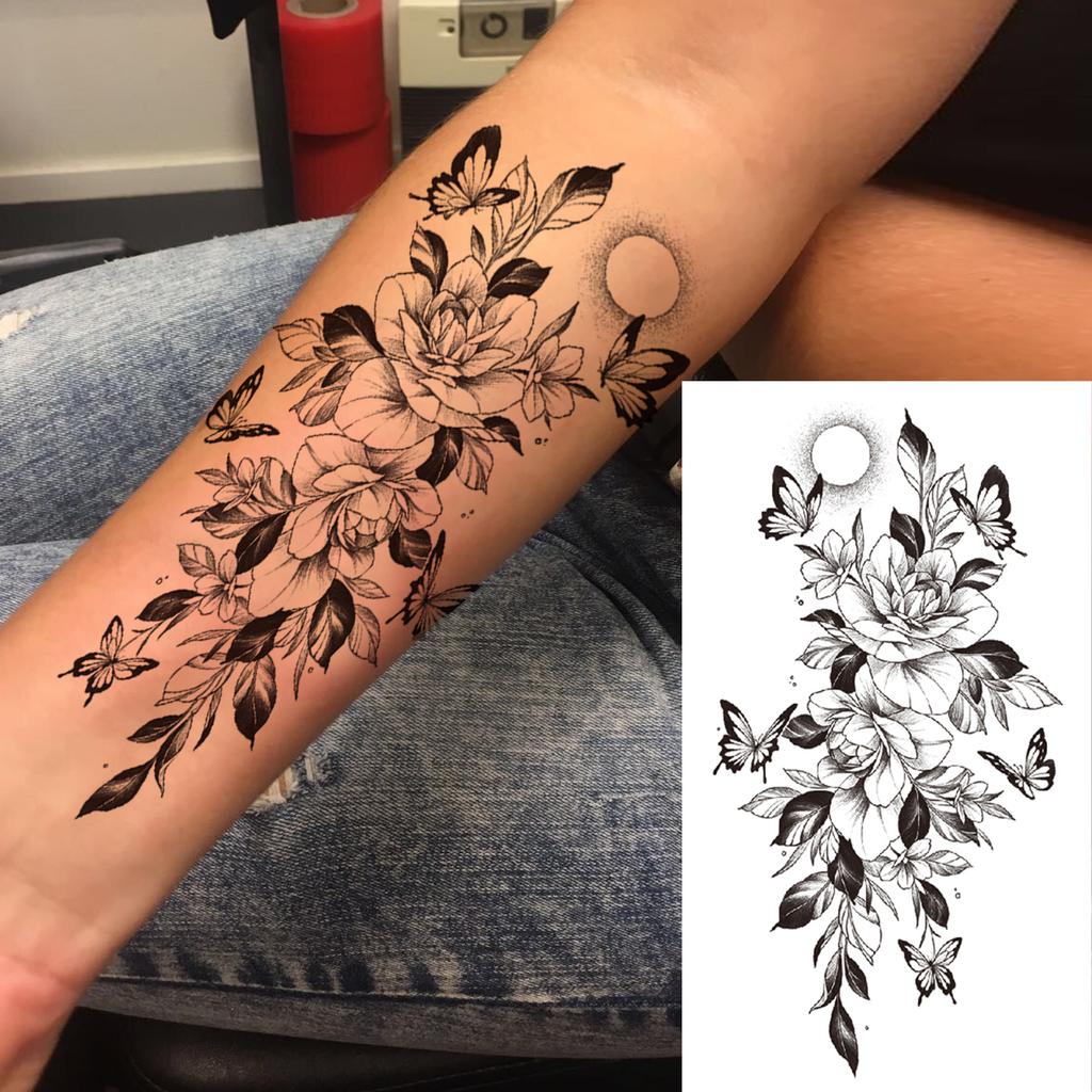 1 Sheet Black Henna Mandala Fake Jewels Temporary Sleeve Tattoos For Women Girls Forearm Waist Chest Back Tattoo Sticker Decal
