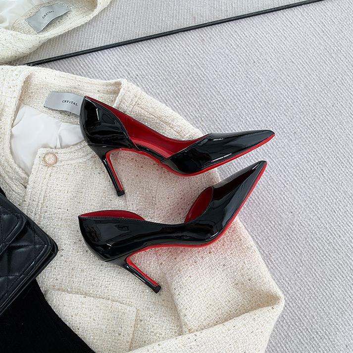 Damen Rotsohlen Pumps Schwarze Spitze Lackleder Seite Air Hohe Absätze Dünn Elegant Sexy Einzelne Schuhe