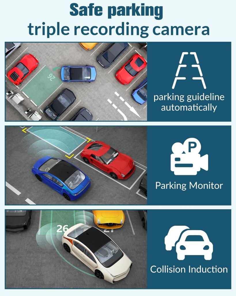 DVR para automóvil HD 1080P con 3 lentes para tablero de instrumentos, cámara de tres vías, grabadora de video, videocámara para tablero de instrumentos, pantalla IPS de 2.0 pulgadas y cámara trasera