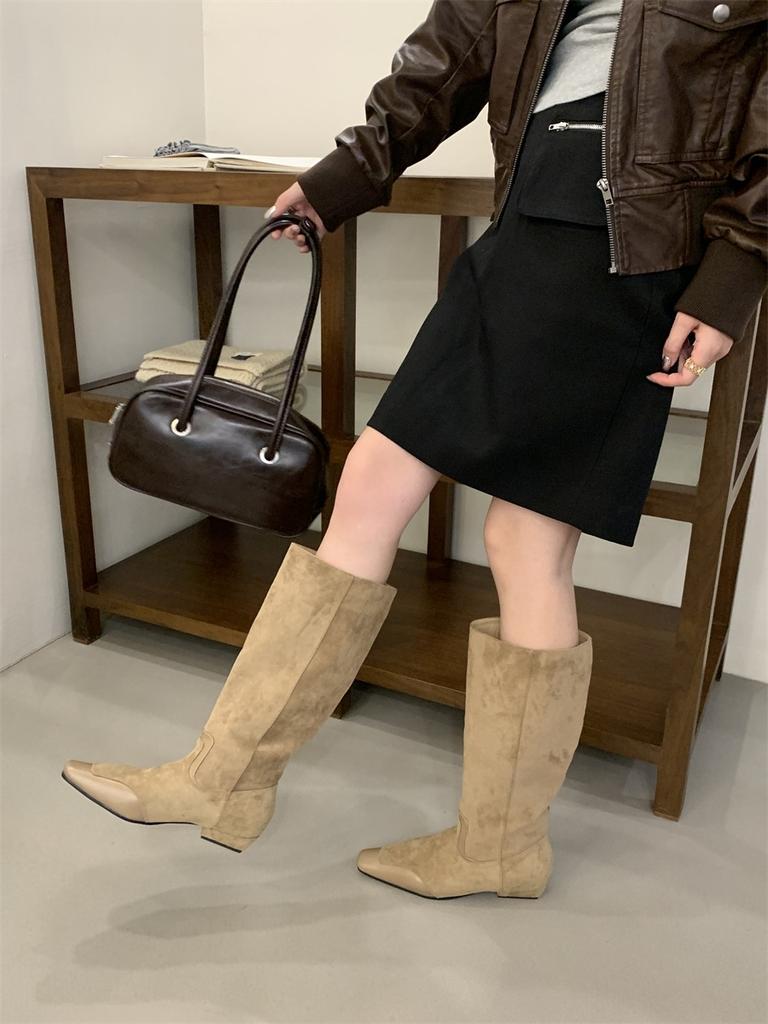 Suede boots women's 2025 autumn and winter square head inner height increase thick heel fashion boots women's western knight boots