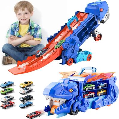 Autodráha s dinosaury, dětské hračky, dráha pro přepravu dinosaurů, transformace na dupajícího dinosaura se závodními dráhami.