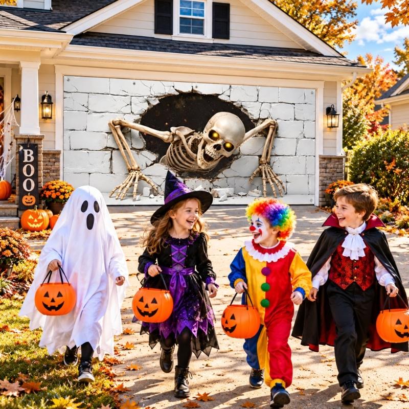 Pongee Fabric Halloween Garage Decoration, Full Skeleton Brick Wall Artwork for Parties and Community Displays