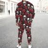 Men Black Base Pink Rose Skull Full Print Long Sleeve Sweatshirt And Drawstring Jogger Pants Two Piece Suit