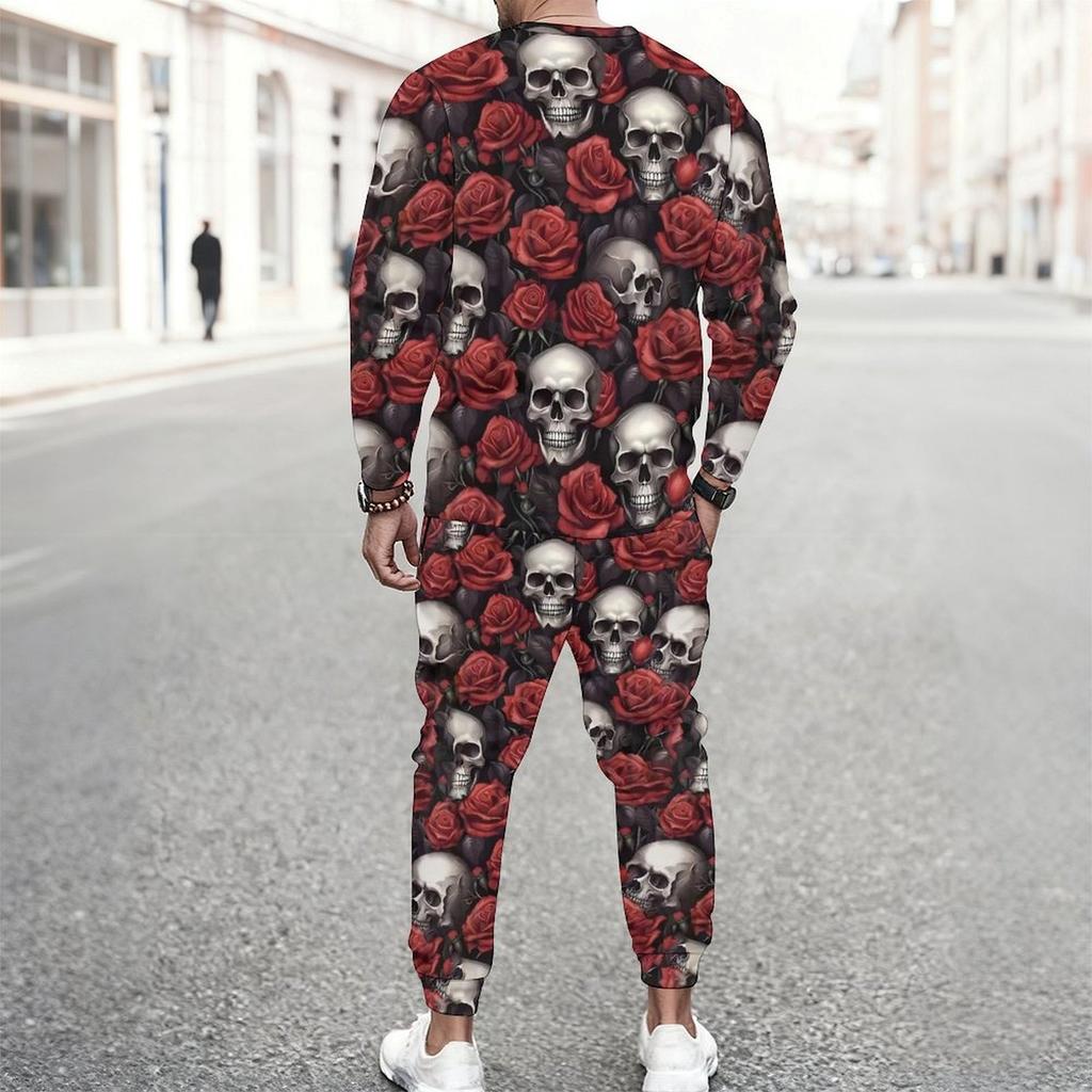 Men Black Base Pink Rose Skull Full Print Long Sleeve Sweatshirt And Drawstring Jogger Pants Two Piece Suit