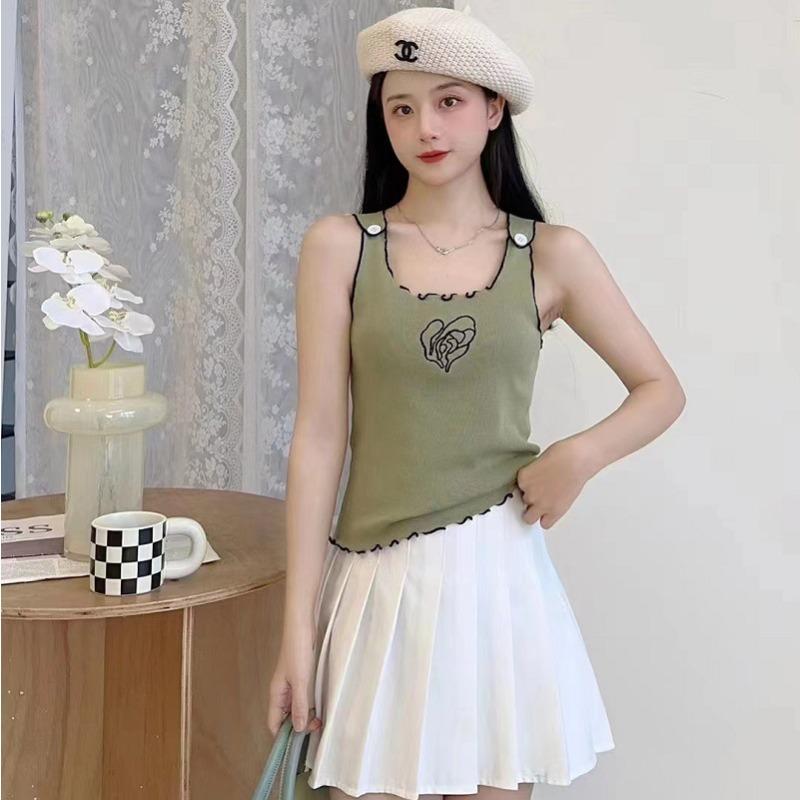 

Новый летний дизайн, простой темперамент, милый контрастный цвет, вышитый вязаный жилет, топ на подтяжках One size