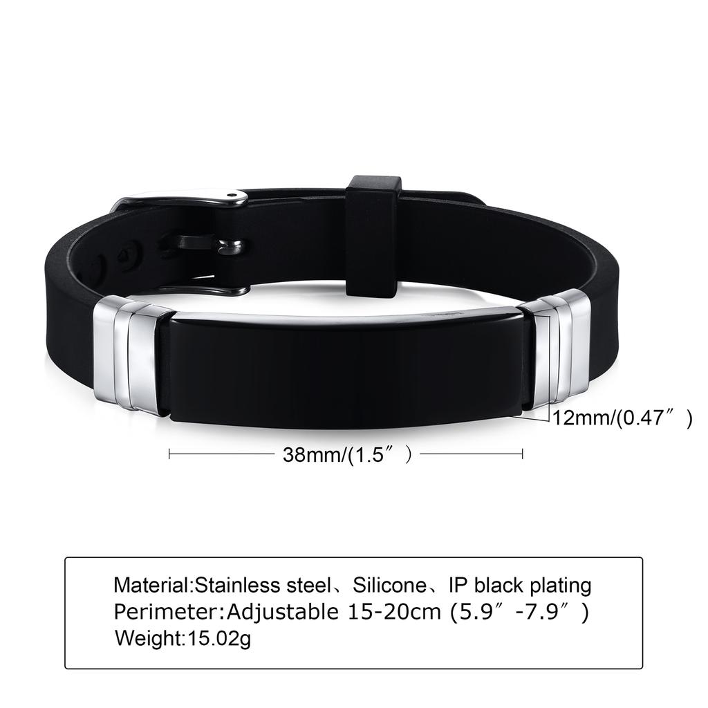 Vnox Custom Engrave Casual Silicone Bracelet for Men Women,Stainless Steel ID Tag Wristband Unisex Jewelry,Length Adjustable