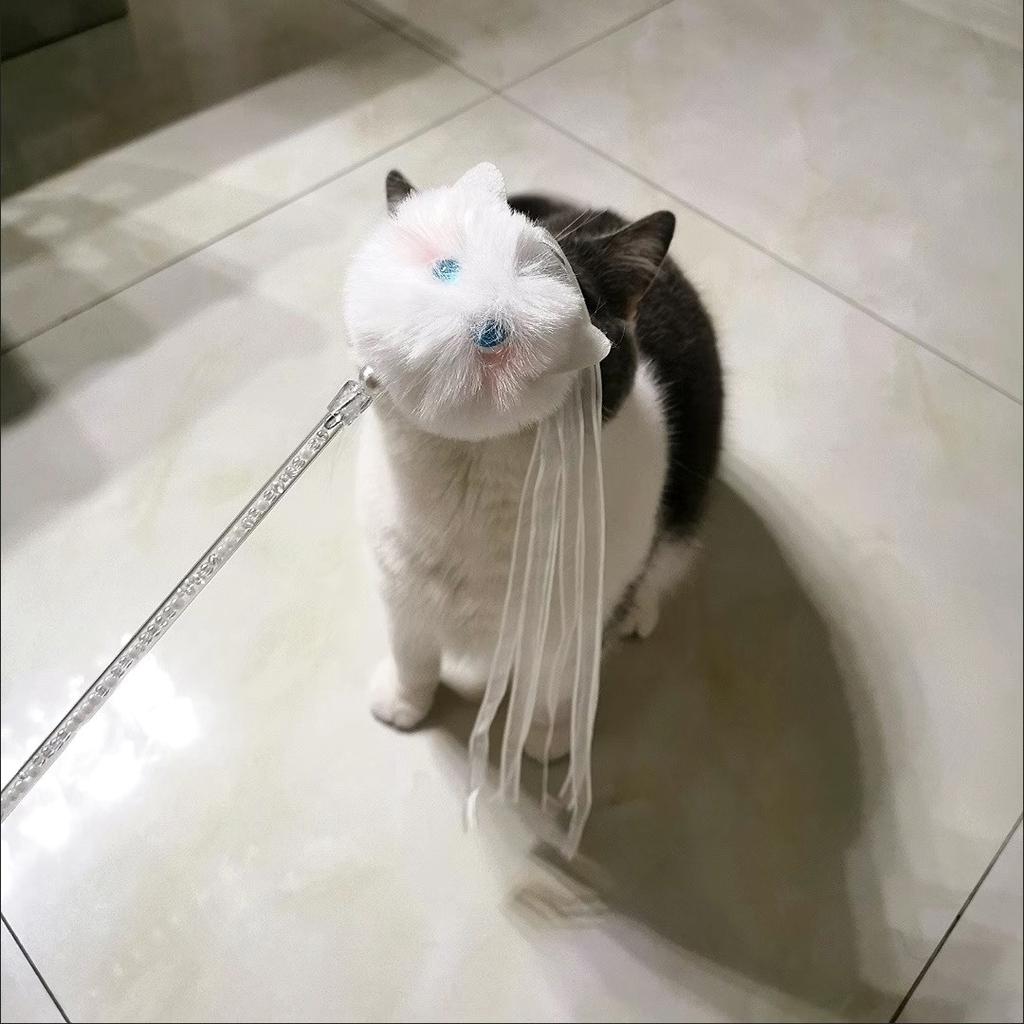 Giocattoli Interattivi Divertenti per Gatti Kawaii Peluche Nappa Bianca Campanellino Bacchetta Giocattolo per Gatti Giocattoli Bacchetta Nastro Stimolante Giocattoli per Gattini Giocattoli per Gatti