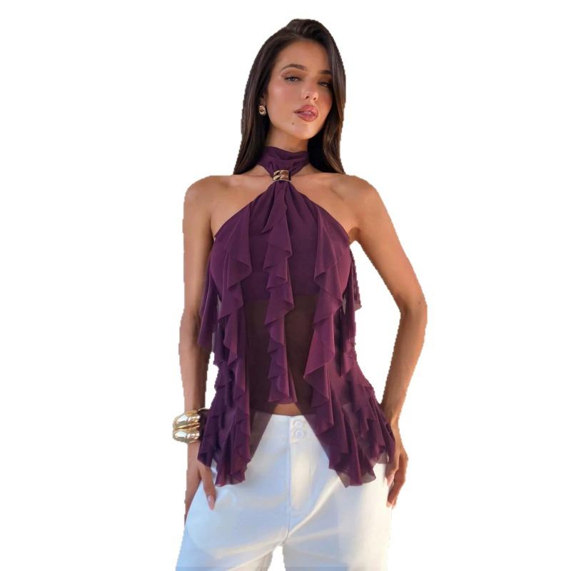Purple Halter Mesh Ruffled Off Shoulder Sleeveless Sexy Women Casual Top