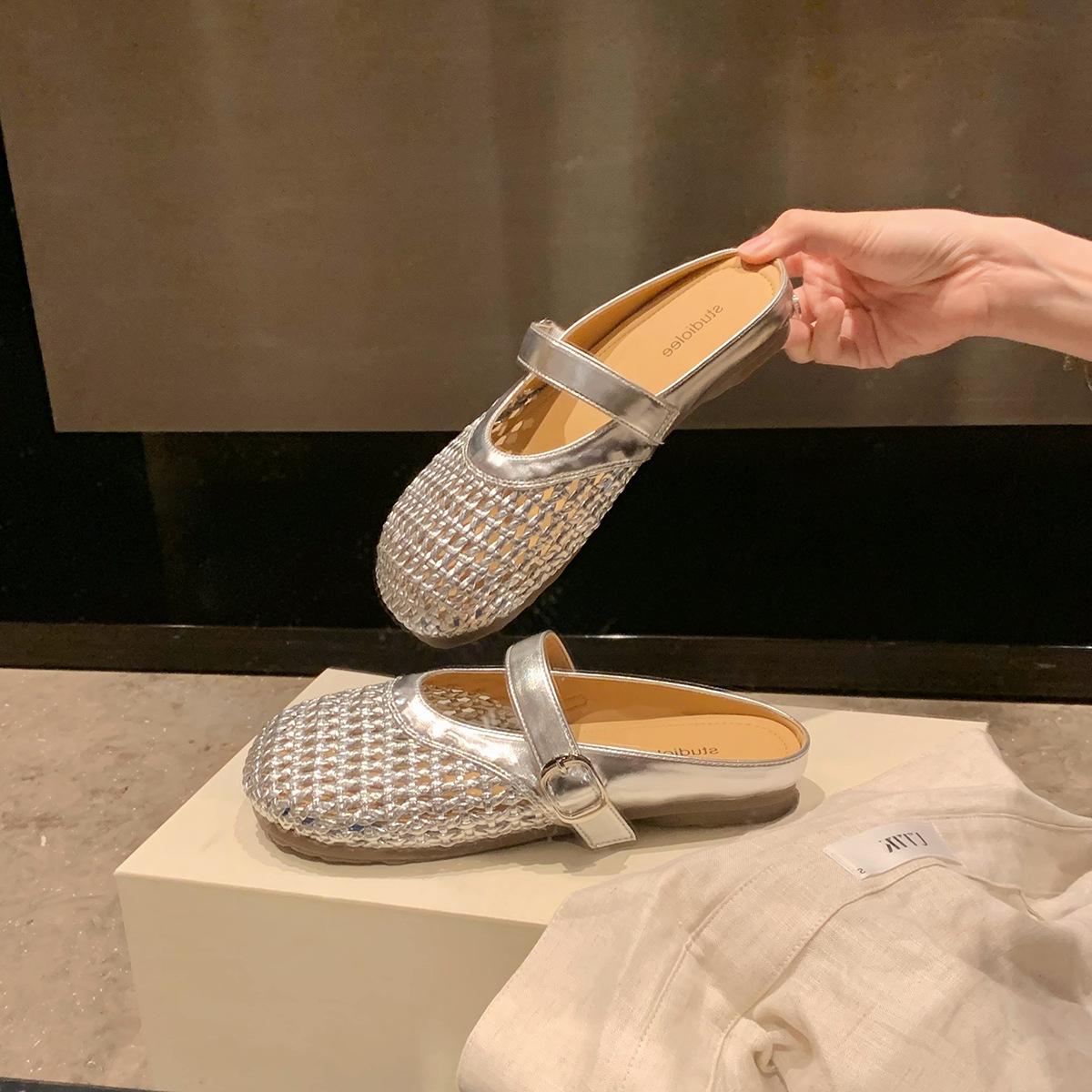 

Sheepskin grape mother hollow woven mesh bag head half drag lazy slippers women s summer wear Mary Jane cool slippers 34