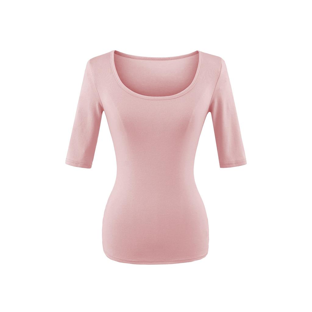 U-neck slightly transparent medium-sleeved T-shirt women's summer new American Spice Girl style solid color sexy slim-fitting bottoming shirt top