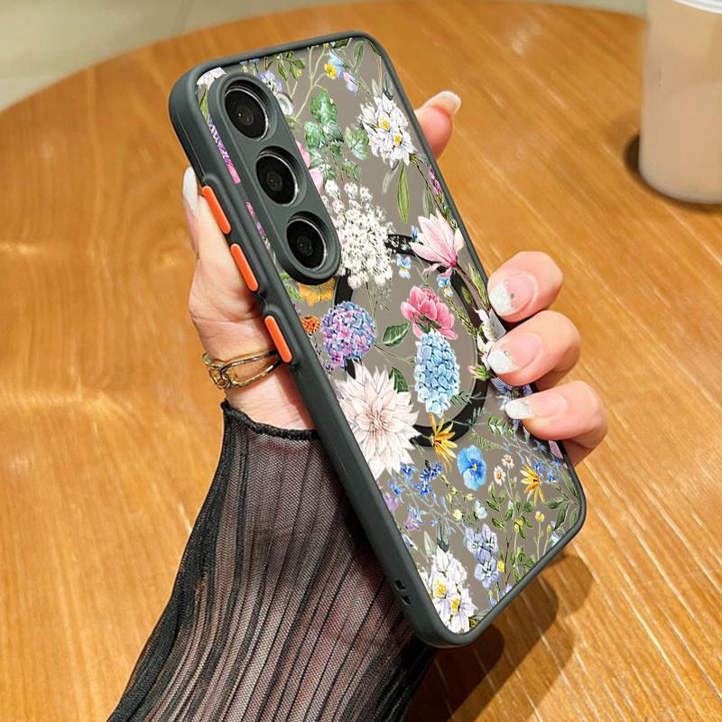 Magnetic For Magsafe Case For Samsung Galaxy S26 Ultra S25 S24 Plus S23 S22 S21 FE Vintage Floral Pattern Matte Cover