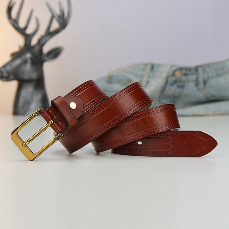Men'S New Retro Embossed First-Layer Cowhide Belt British Gentleman'S Style Men'S Genuine Leather Belt Business Belt