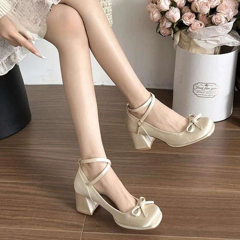 French versatile satin bow Mary Jane shoes girl 2025 new fairy style small man height increase light mouth single shoes
