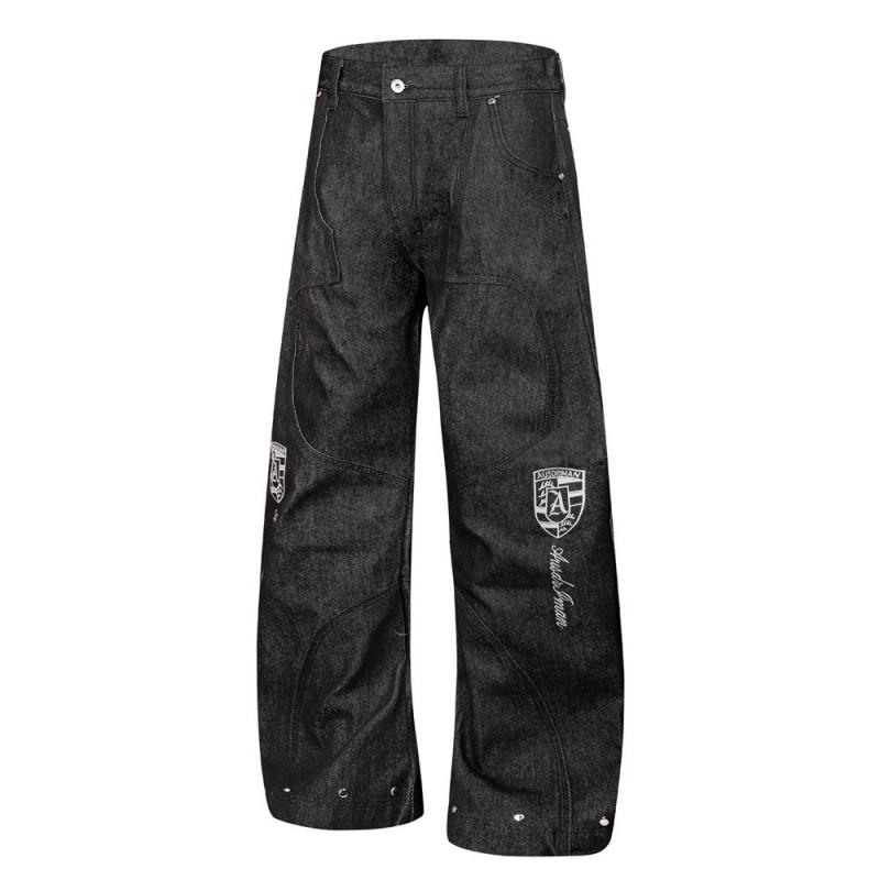 Mens Loose Fit Curved Jeans Streetwear Embroidered Rivet Denim Pants Casual Trousers