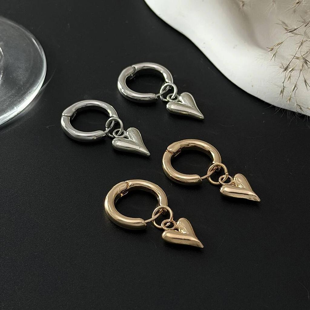 Salircon Creative Exquisite Gold Color Love Heart Shape Pendant Hoop Earrings Temperament Metal Piercing Earrings Jewelry Lady