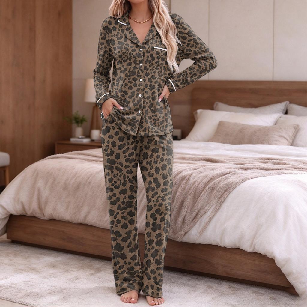 Women's pajamas fashion print long sleeve button-up top pocket pants home casual notch collar V-neck two-piece set
